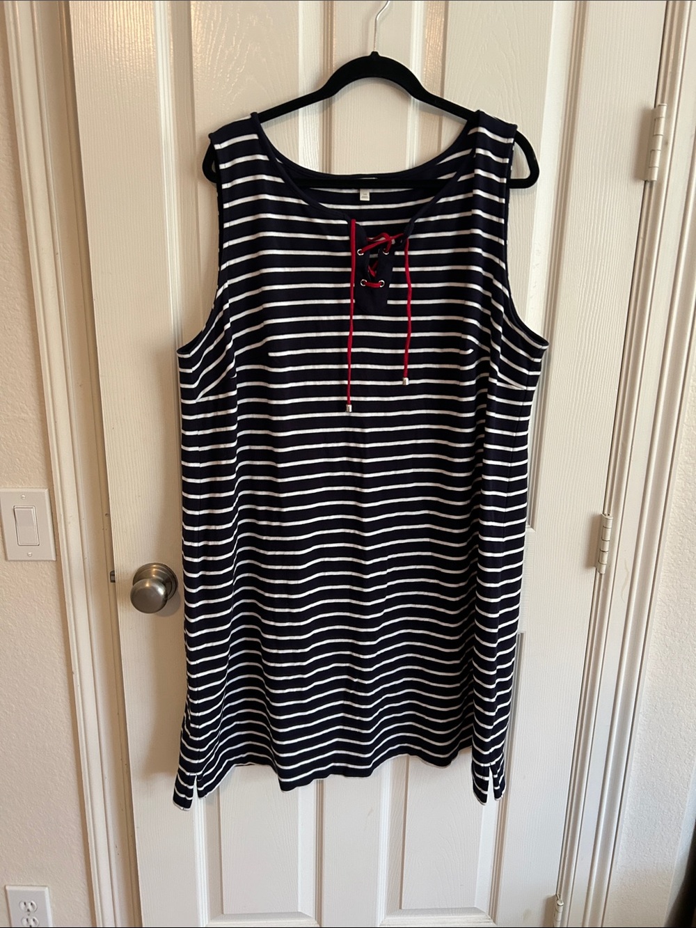 Talbots Striped Navy and White Sleeveless Lace-Up Dress